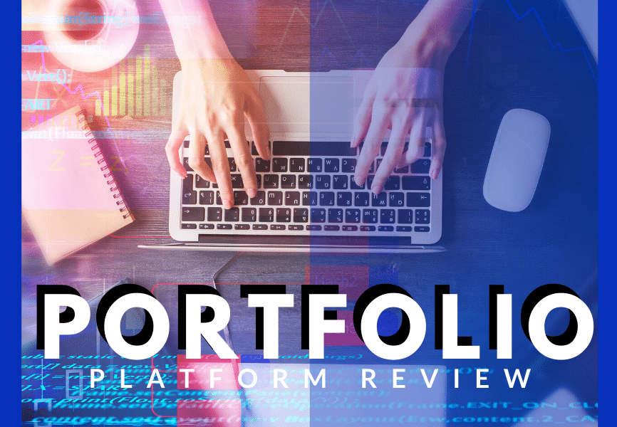 Photo of laptop with white text "Portfolio Platform Review" along bottom