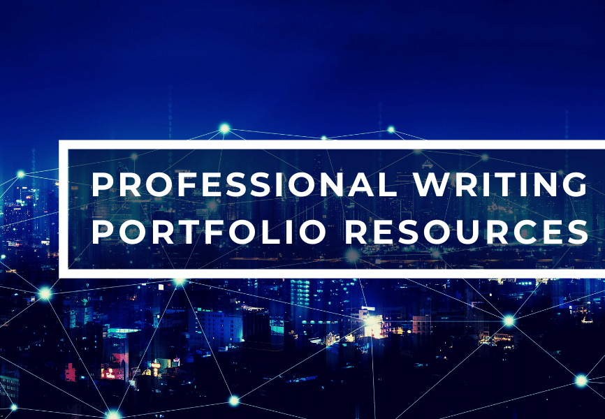 city skyline with text "Professional Writing Portfolio Resources"